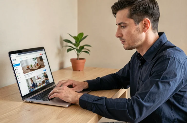 Homme consultant le nouveau site Nokraf sur un ordinateur portable dans un bureau à domicile minimaliste
