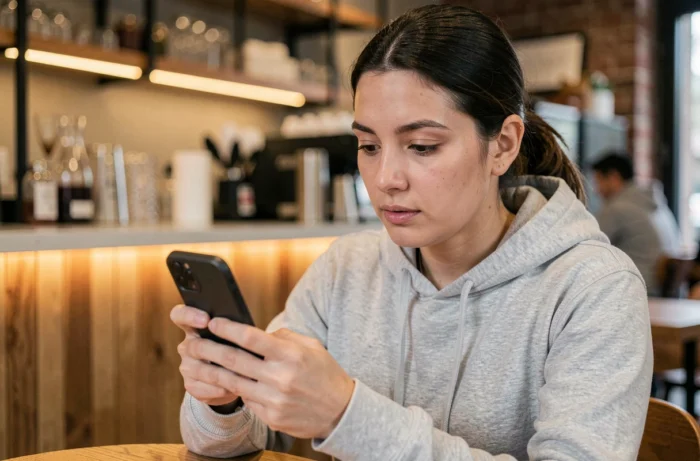 Femme accédant au site Nokraf depuis son smartphone dans un café urbain