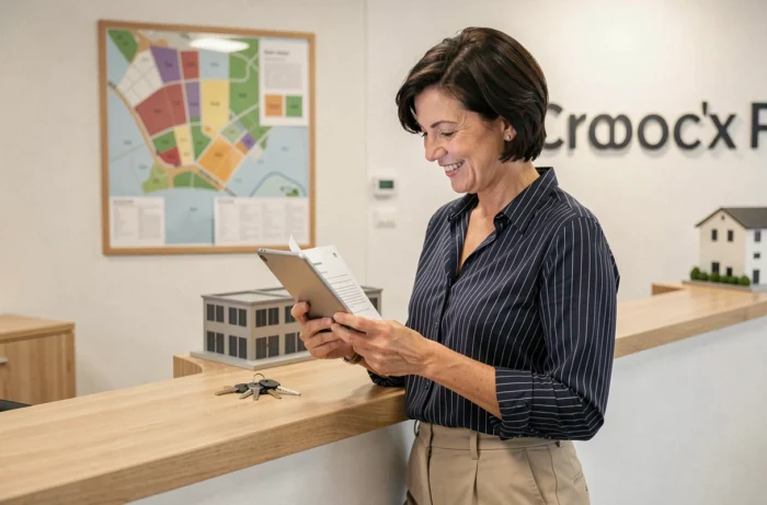 Femme consultant un contrat de location à l'accueil d'un centre de self-stockage à Pessac