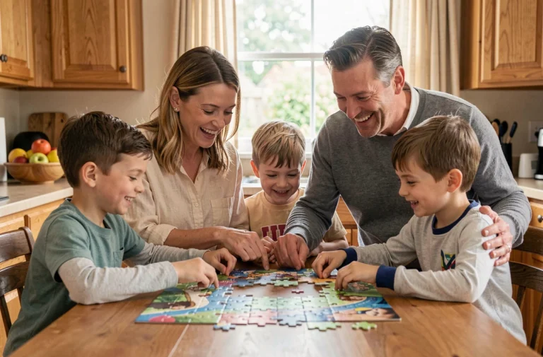 Famille réunie autour d'une table en bois pour assembler un puzzle coloré, activité ludique en famille dans une cuisine chaleureuse