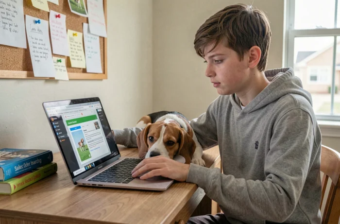 Adolescent regardant un tutoriel d'éducation canine sur ordinateur portable avec son beagle curieux posé sur le bureau