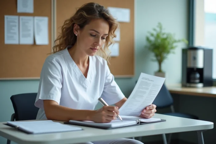 Aide-soignante étudiant les documents du référentiel de formation 2026 dans la salle du personnel d'un établissement de soins