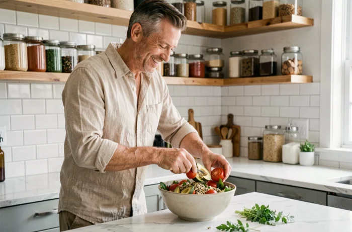 Homme préparant une salade équilibrée dans une cuisine moderne, symbolisant une alimentation saine comme habitude quotidienne