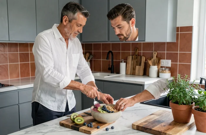 Homme préparant un bol de smoothie healthy dans une cuisine moderne, alimentation saine et tendances nutritionnelles