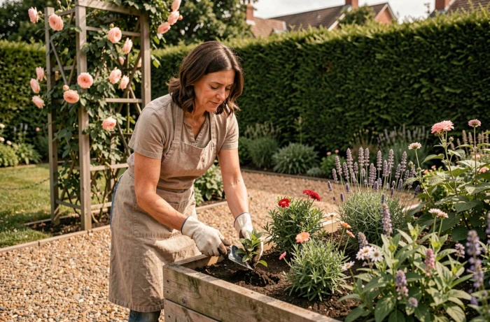 Femme aménageant un parterre de fleurs dans un jardin extérieur avec des plantes vivaces colorées