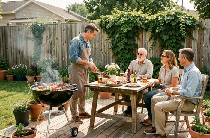 Deux couples d'amis profitant d'un barbecue convivial dans un jardin lors d'un week-end ensoleillé en été