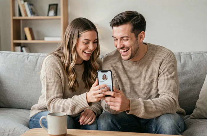 Deux amis riant ensemble en lisant des phrases drôles pour bio Tinder sur un canapé moderne
