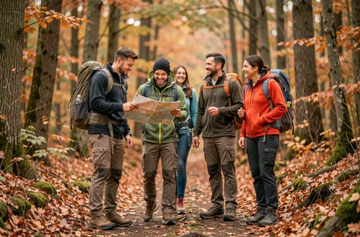 Groupe d'amis adultes en randonnée sur un sentier forestier en automne, consultant une carte et profitant de la nature ensemble