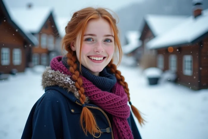 Jeune femme aux cheveux roux tressés en cape d'hiver colorée dans un village scandinave enneigé, évoquant Anna de La Reine des Neiges