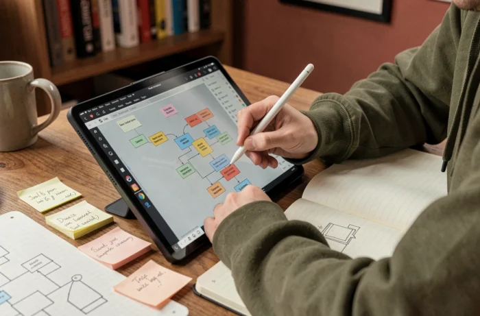 Mains annotant un plan de site numérique sur tablette avec des notes et croquis de navigation autour