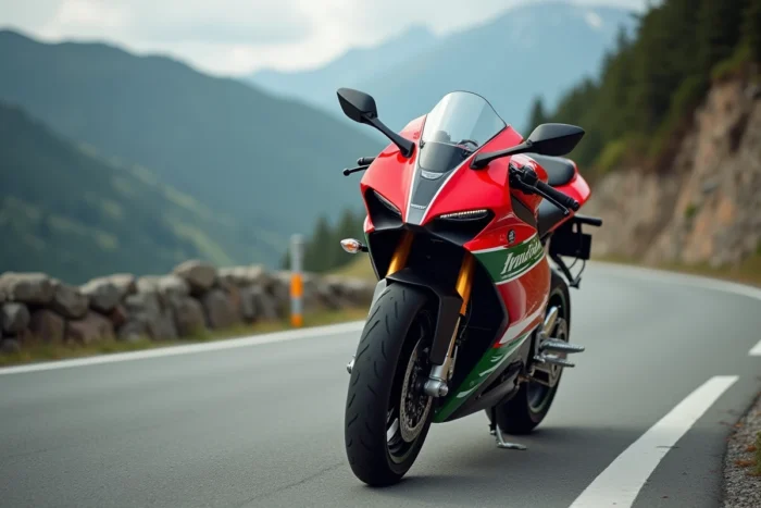 Aprilia RS 125 rouge et noir sur route de montagne sinueuse, vue 3/4 avant de la sportive italienne carénée