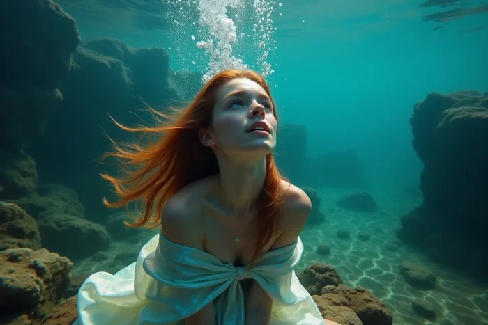 Jeune femme aux longs cheveux roux flottant sous l'eau sur un rocher côtier, évoquant Ariel la Petite Sirène de Disney