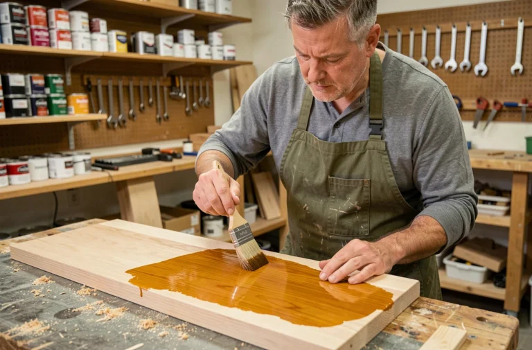 Artisan appliquant une lasure polyuréthane Parkside sur une planche en chêne dans un atelier de menuiserie