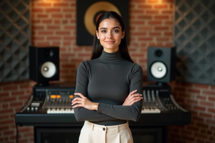 Artiste albanaise dans un studio d'enregistrement moderne, entourée d'équipements musicaux et de disques d'or, evoquant la carrière de Dhurata Dora