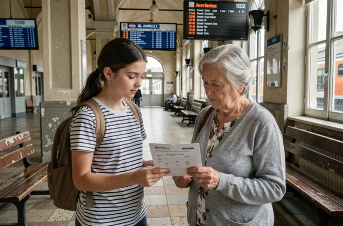 Adolescente et sa grand-mère consultant une autorisation de sortie du territoire dans une gare ferroviaire européenne