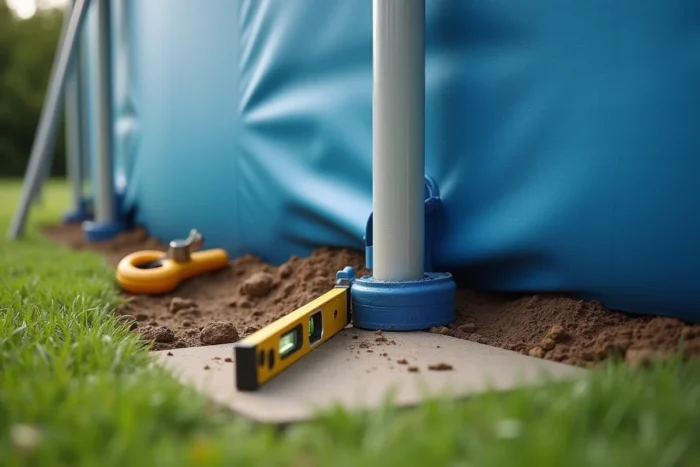 Gros plan de la base d'une piscine autoportée inclinée avec niveau à bulle et outils de correction