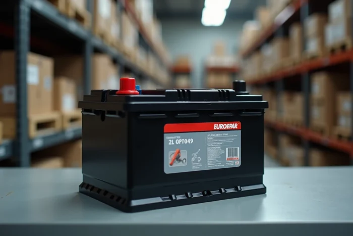 Batterie Eurorepar neuve posée sur un établi avec étiquette technique visible et bornes métalliques