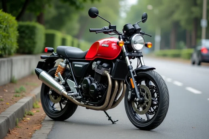 Benelli BN 125 rouge et noir garé au bord d'une route suburbaine, vue 3/4 avant de la naked roadster