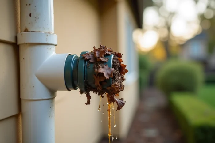 Gouttière et raccord de récupérateur d'eau bouchés par des feuilles et des débris