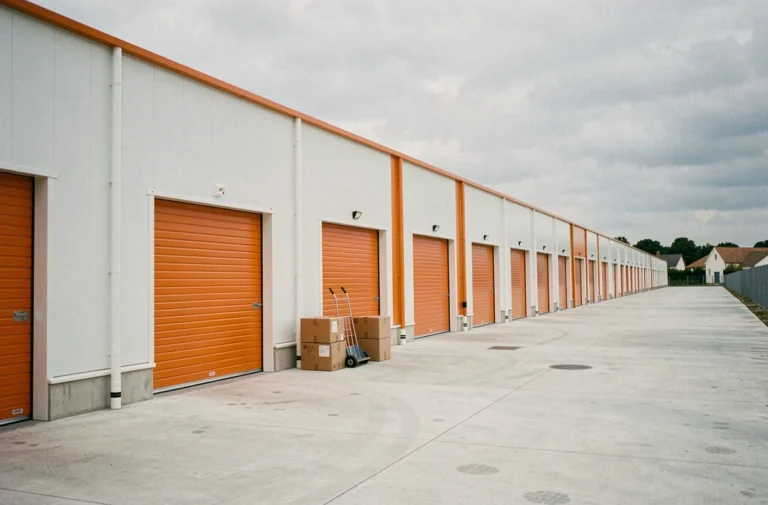 Rangées de box de stockage avec portes orange dans un entrepôt moderne à Pessac près de Bordeaux
