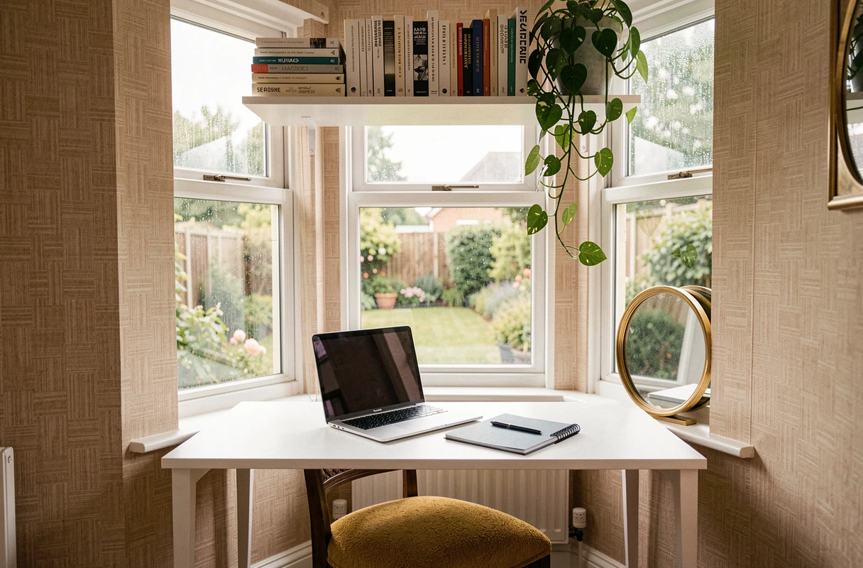 Bureau à domicile aménagé dans une alcôve de fenêtre avec chaise boucle moutarde, étagères de livres et plante tombante pour un espace de travail inspirant