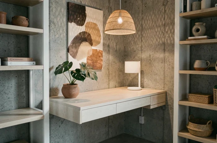 Coin bureau tendance à domicile avec bureau en chêne blanc, plante monstera, poterie wabi-sabi et suspension rotin, décoration intérieure moderne