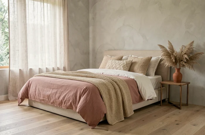 Chambre contemporaine tendance avec lit plateforme, linge de lit en coton bio rose poudré, plaid bouclé et arrangement en herbe de pampa, décoration épurée