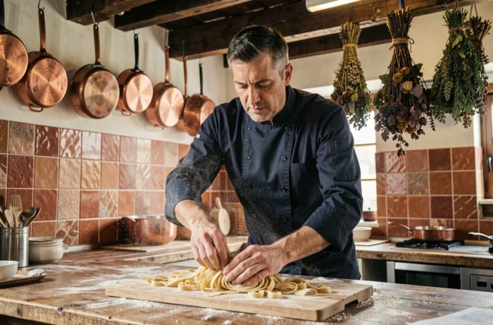 Chef en veste marine pétrissant de la pâte fraîche dans une cuisine rustique de style trattoria italienne