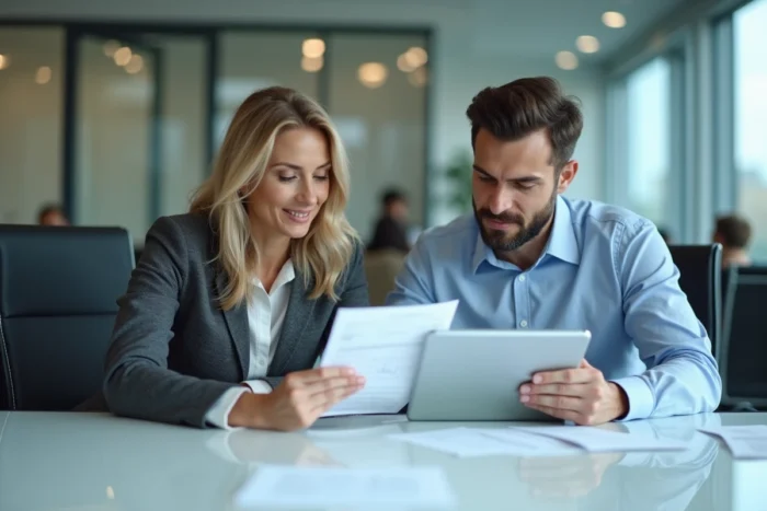 Deux professionnels analysant des documents et offres d'emploi ensemble dans une salle de réunion moderne