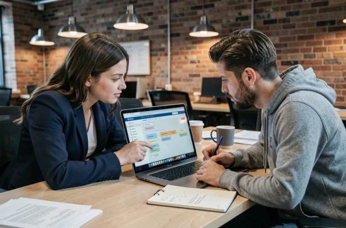 Deux collègues analysant ensemble le plan d'un site immobilier sur un ordinateur portable en espace de coworking