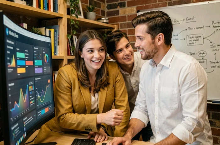 Deux collègues collaborant sur des tableaux de bord numériques et visualisations de données dans un espace de coworking