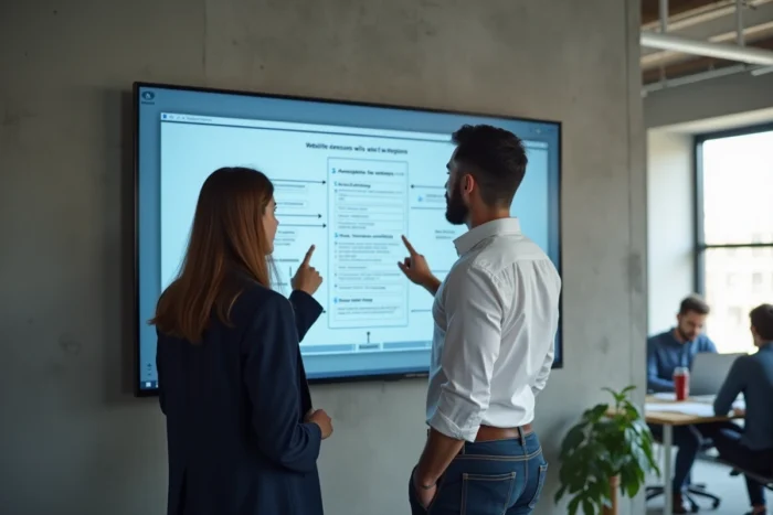 Deux collègues discutant d'un plan de navigation de site web affiché sur un grand écran en open space