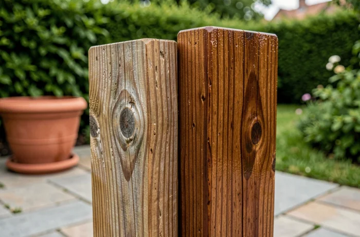 Comparaison visuelle entre bois brut et bois traité avec lasure polyuréthane Parkside sur une clôture de jardin