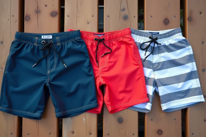 Vue à plat de trois modèles de shorts de bain différents sur une terrasse en bois, illustrant les variantes de coupe, de longueur et de caractéristiques comme la doublure et les poches