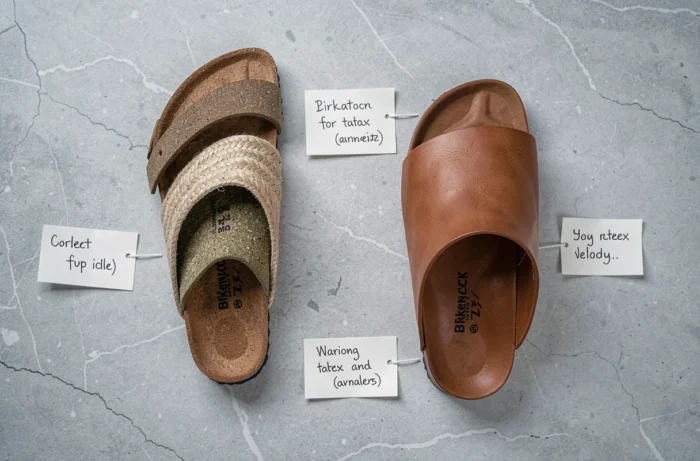 Vue éclatée des composants d'une sandale Birkenstock Gizeh montrant le soc en liège, le latex et le cuir naturel sur fond gris
