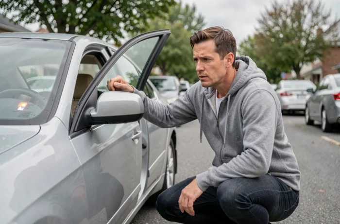 Homme inquiet regardant les voyants d'alerte allumés sur le tableau de bord de sa voiture