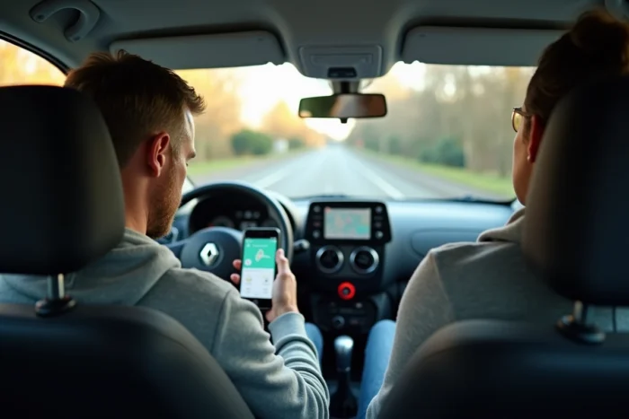 Conducteur dans une Renault Twingo vérifiant son téléphone pour trouver une station-service avec le voyant de réserve allumé