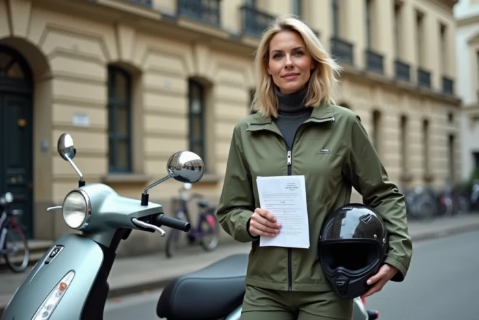 Femme conductrice de scooter 125cc tenant son casque et son permis BSR devant un bâtiment administratif français
