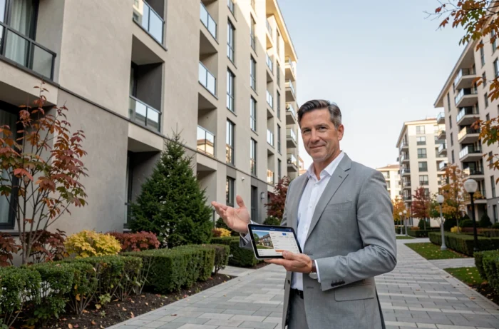 Conseiller immobilier masculin présentant un immeuble résidentiel moderne à un client potentiel dans un quartier urbain haut de gamme