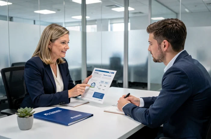 Conseillère financière présentant les options de prêt immobilier à un client dans un bureau bancaire moderne