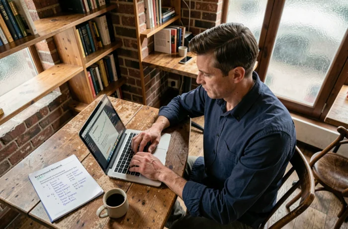 Consultant SEO prenant des notes sur les métriques de référencement naturel dans un café avec ordinateur portable