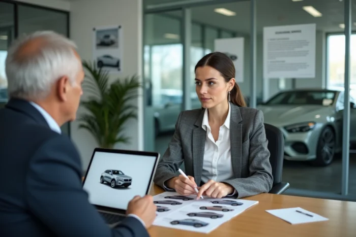 Consultante automobile et client comparant des véhicules sur brochure dans un bureau de concession