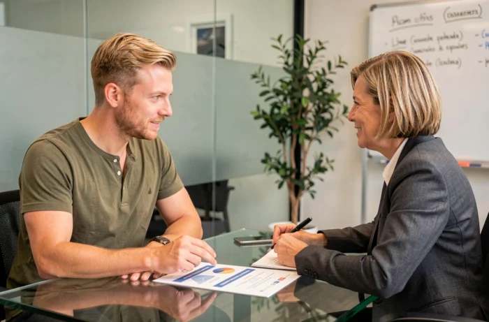 Jeune entrepreneur consultant un conseiller comptable pour choisir le statut juridique adapté à sa micro-entreprise de location