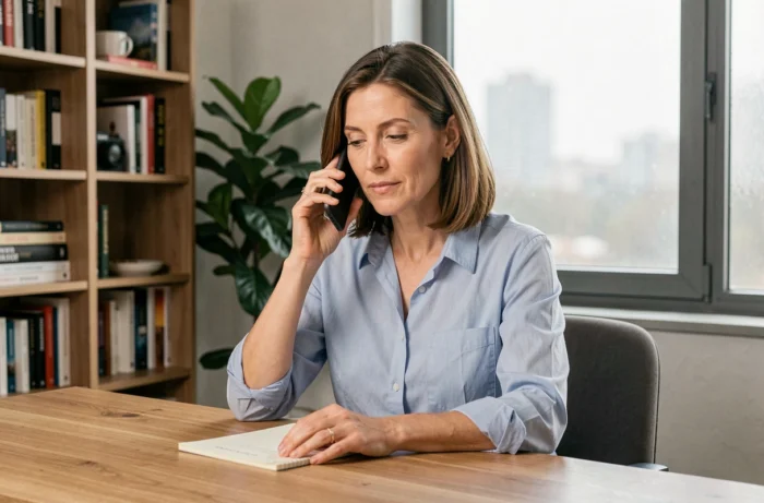 Femme contactant sa mutuelle santé par téléphone depuis son bureau à domicile en Isère