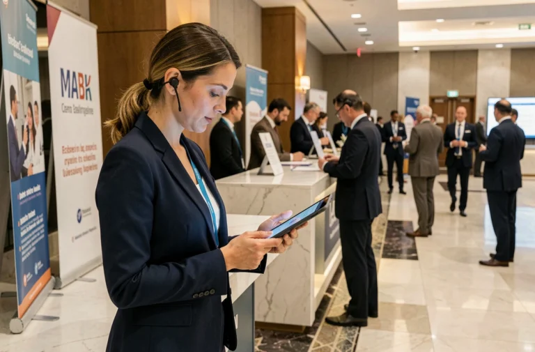 Coordinatrice événementielle professionnelle consultant une tablette à l'accueil d'une conférence d'entreprise