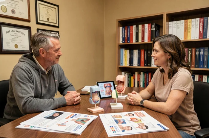 Couple en consultation avec un chirurgien plastique pour discuter d'une abdominoplastie