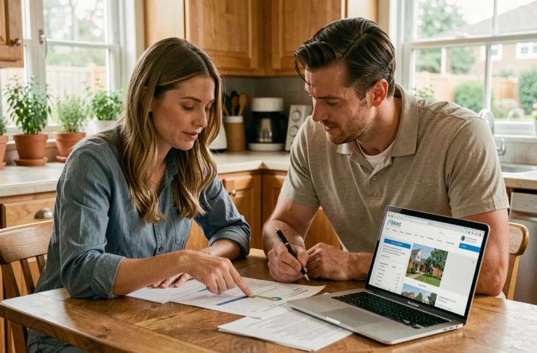 Couple examinant des documents de crédit immobilier à leur table de cuisine avec un ordinateur portable affichant un site immobilier