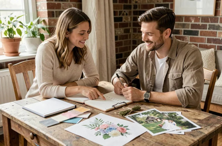 Couple planifiant leur mariage ensemble autour d'une table avec carnets, tissus et listes de préparation