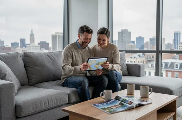 Couple planifiant leurs prochaines vacances ensemble sur une tablette dans leur salon moderne