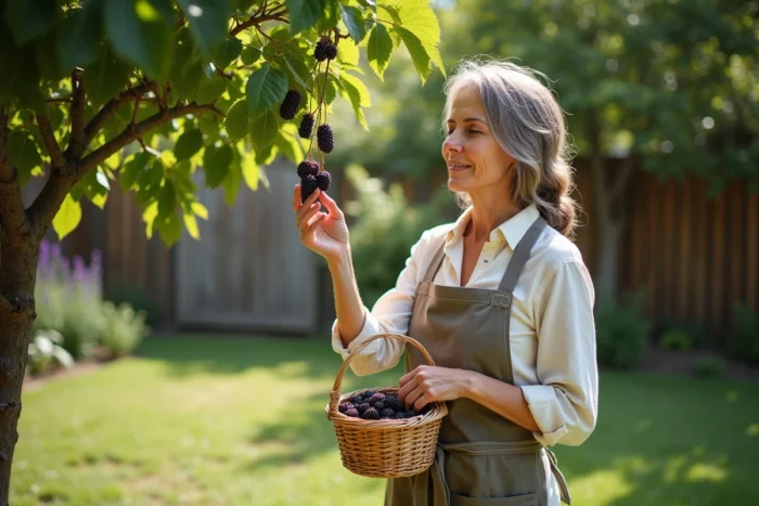 Femme cueillant des fruits de mûrier platane dans un panier en osier dans un jardin en été